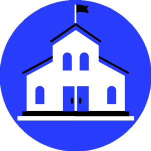 A graphic of a white school with a blue background