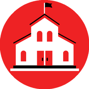 A graphic of a white school with a red background