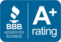 Blue accreditation badge from the Better Business Bureau showing an A+ rating