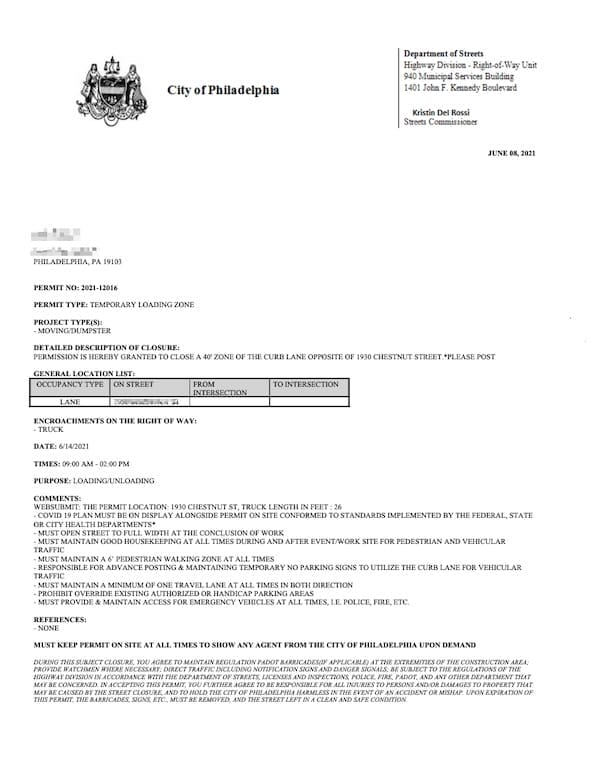 Philadelphia moving permit application form for securing a temporary moving space