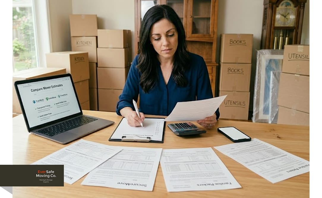 Woman comparing mover estimates with laptop, calculator, paperwork, phone, and packed boxes