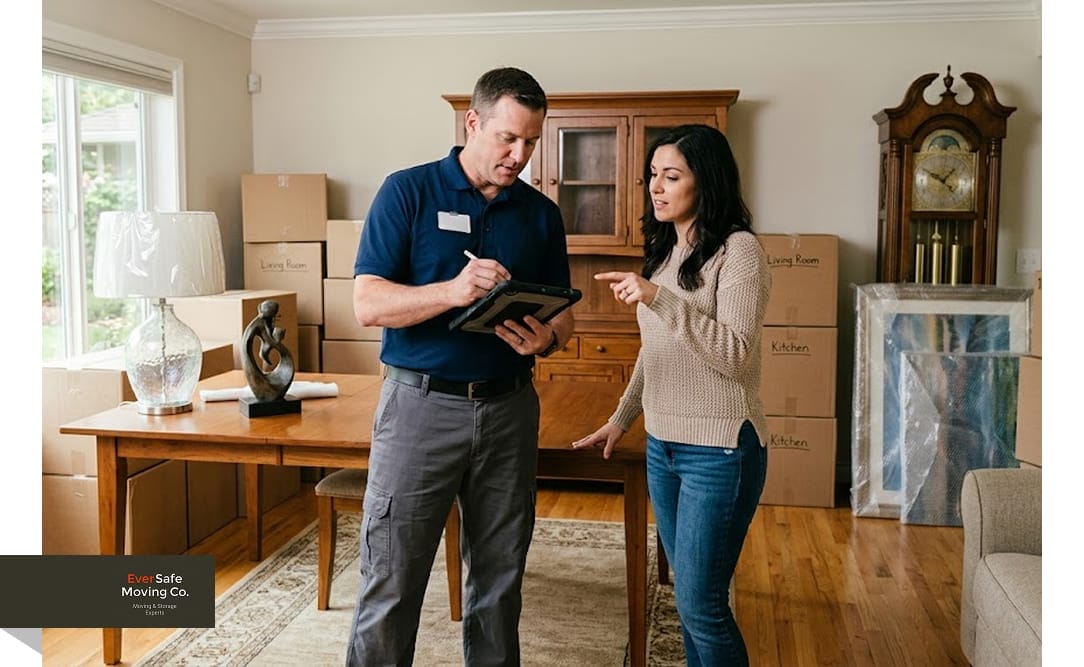 Moving coordinator reviewing inventory on tablet with homeowner in packed living room
