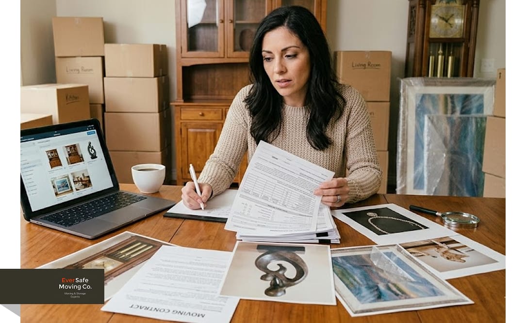 Woman completing moving inventory paperwork with laptop, item photos, boxes, and coffee nearby