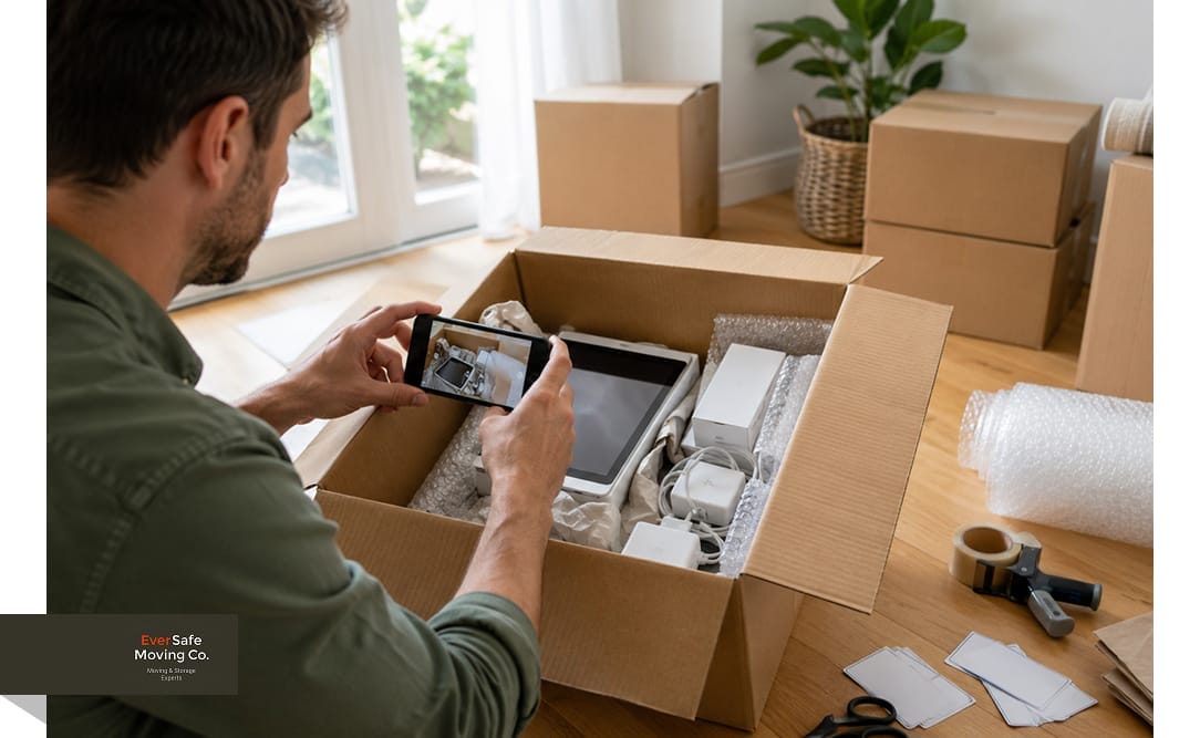 Man taking photos of electronics packed in a moving box for inventory before a move